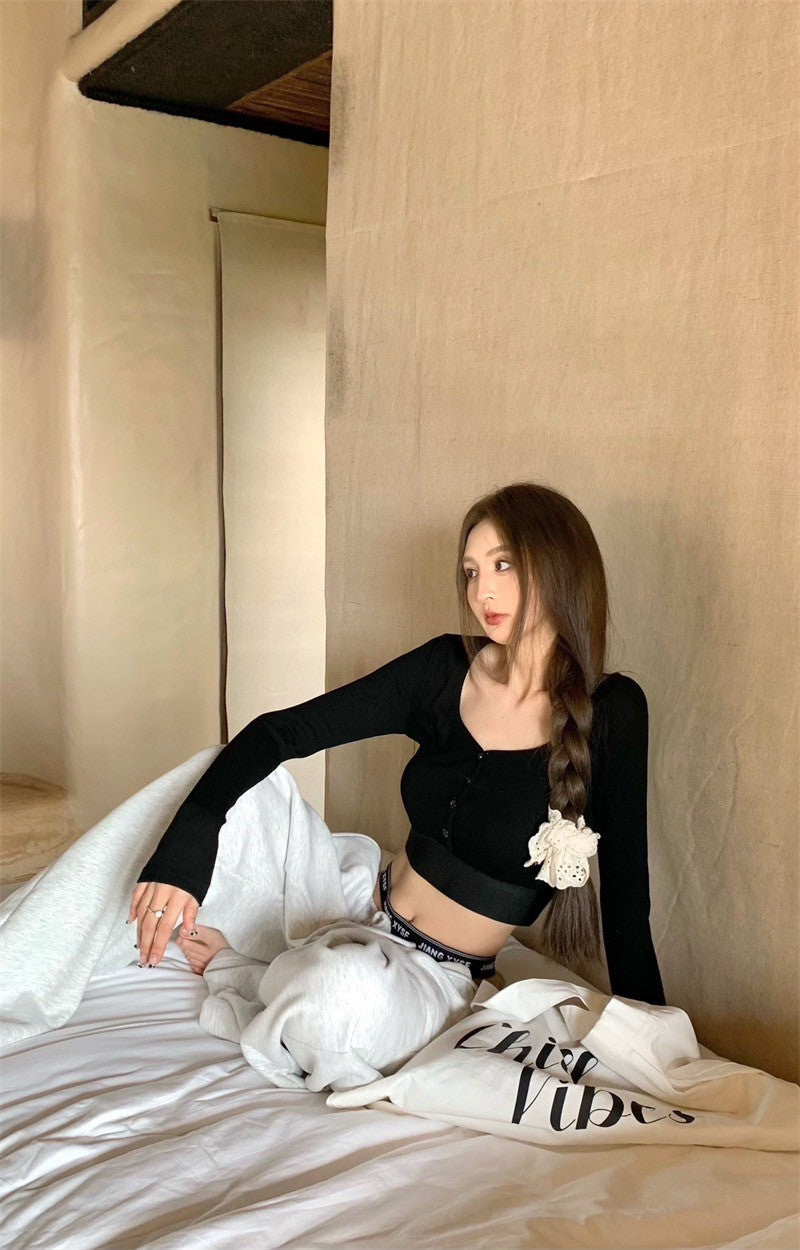 May. 短款圓領運動休閒上衣 灰/黑