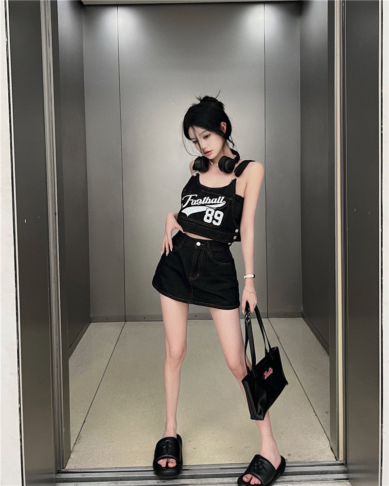 Jun. 甜辣工裝設計字母吊帶背心 半身褲裙