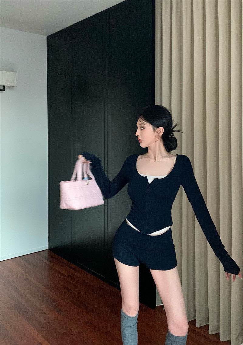 25Jul. 辣妹瑜伽 休閒拉鏈運動服套裝 藏藍