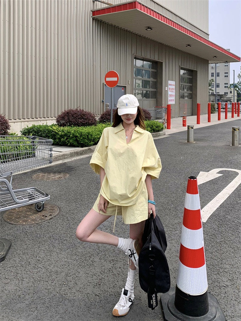 Jun. 街頭素描極簡淡人系列row襯衫上衣 短褲 奶黃