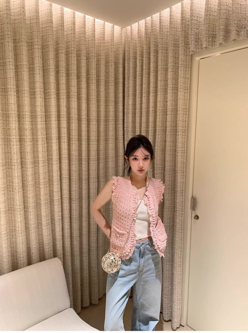 25Oct. 小香手工坊COCO粉色粗針鬚邊針織馬甲