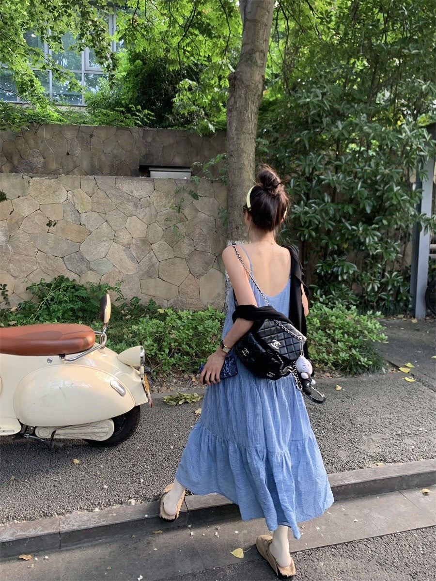 Aug. 寬鬆慵懶 度假風美美細肩連身洋裝 藍