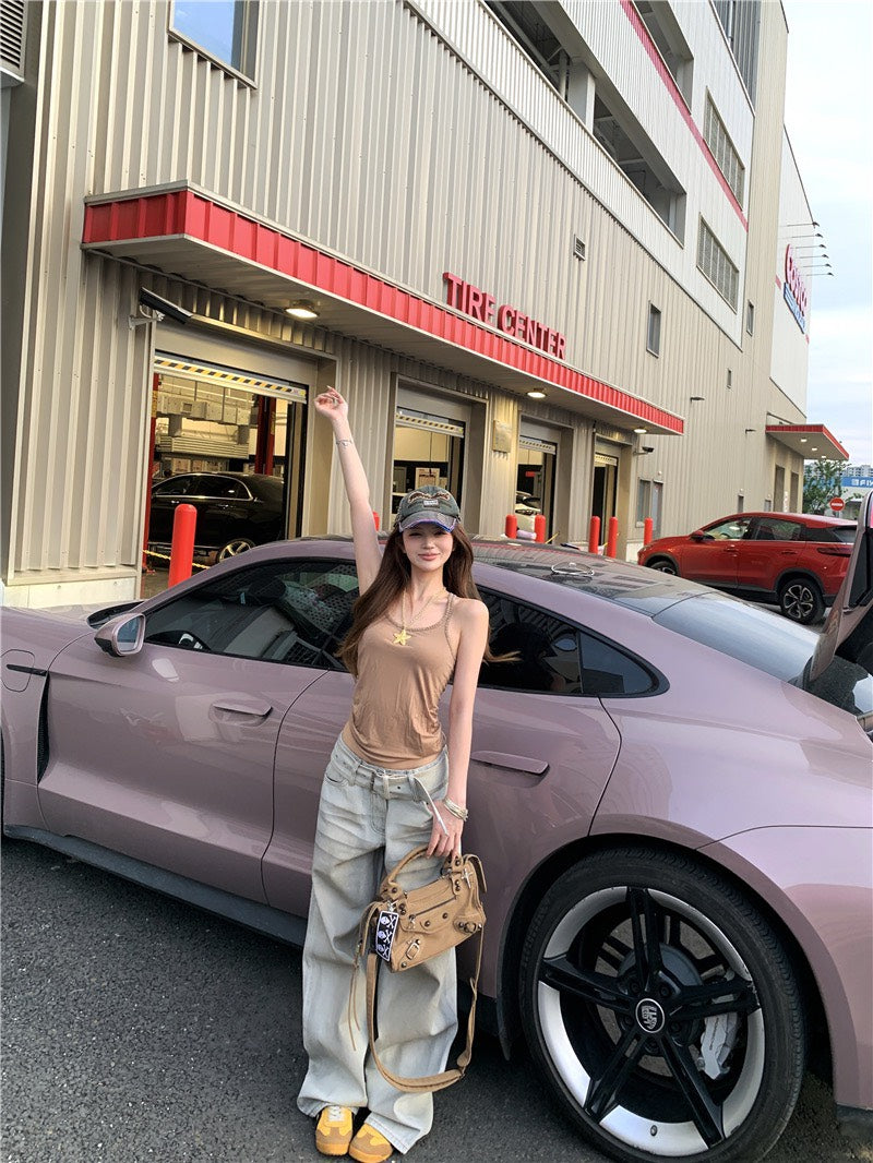 Jun. 牛仔潮 潑染貓鬚水洗淺色彎刀褲 燙鑽Ro風卡其背心