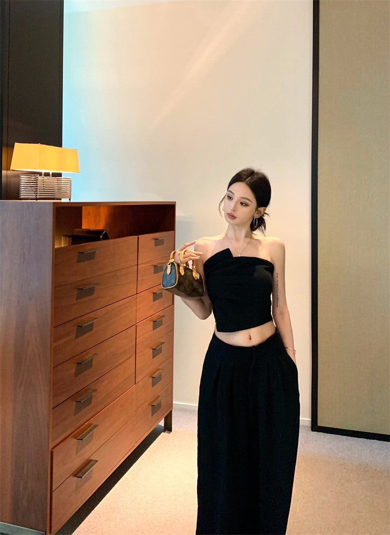 Jun. Origin 自然老錢 不規則抹胸高腰闊腿褲套裝 黑