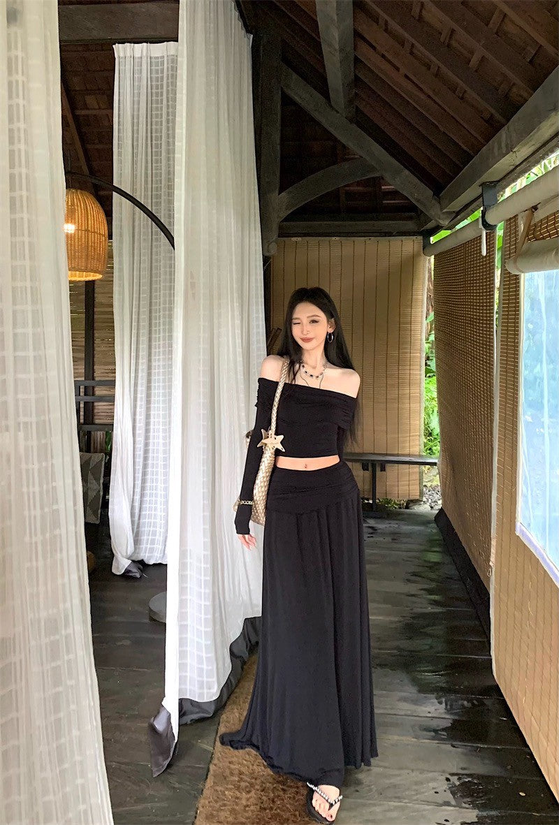 Apr. 法式浪漫 氣質一字翻領高腰抓皺半身裙套裝 黑