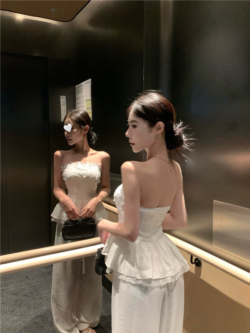 Jun. 茉莉花道韓系高雅抹胸上衣 棉麻休閒褲 白色