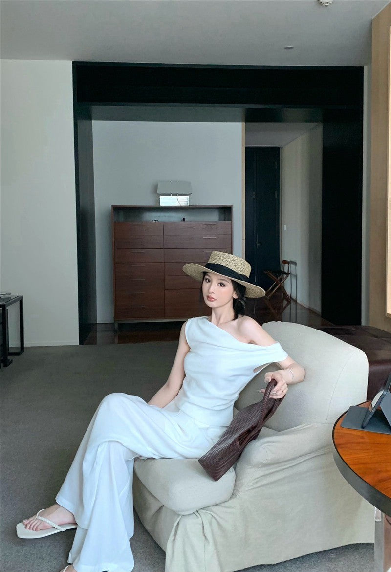 25Jul. 渡假老錢 新款清甜系斜肩褶皺上衣長褲套裝