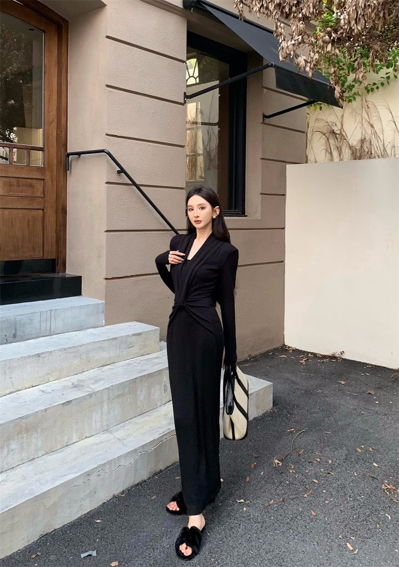 25Nov. 御姐裙特殊扭結設計正肩連衣裙套裝 咖/黑