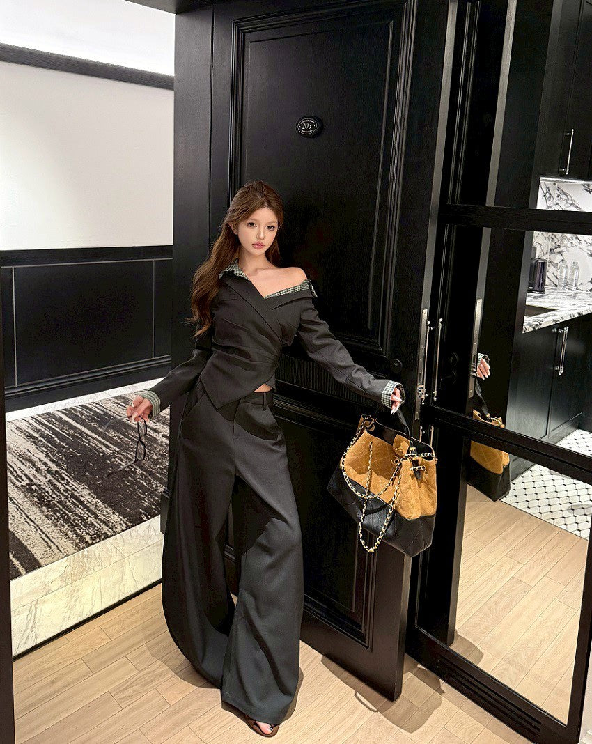 25Dec. 時髦official斜裁假兩件襯衫 西裝闊腿褲