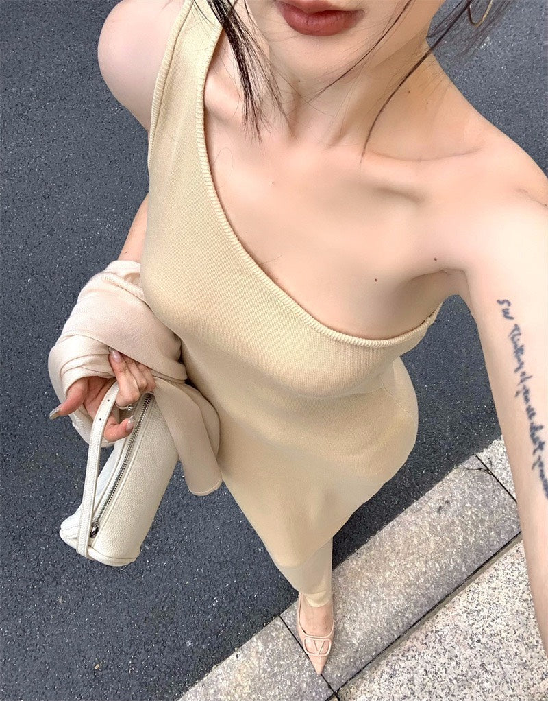 25Nov. 嫩奶黃氣質針織斜領連身裙 防曬開衫