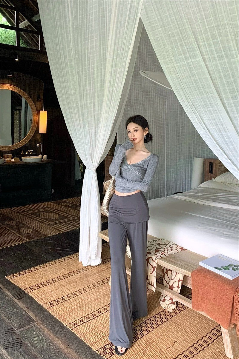 Apr. 浪漫本能 法式蕾絲V領上衣 黑/灰 舒適柔軟假兩件式休閒褲