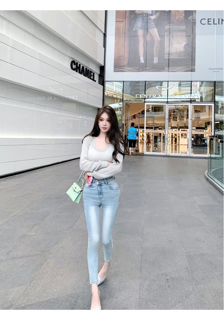 Oct. 錯位排扣設計 大長腿小腳牛仔褲