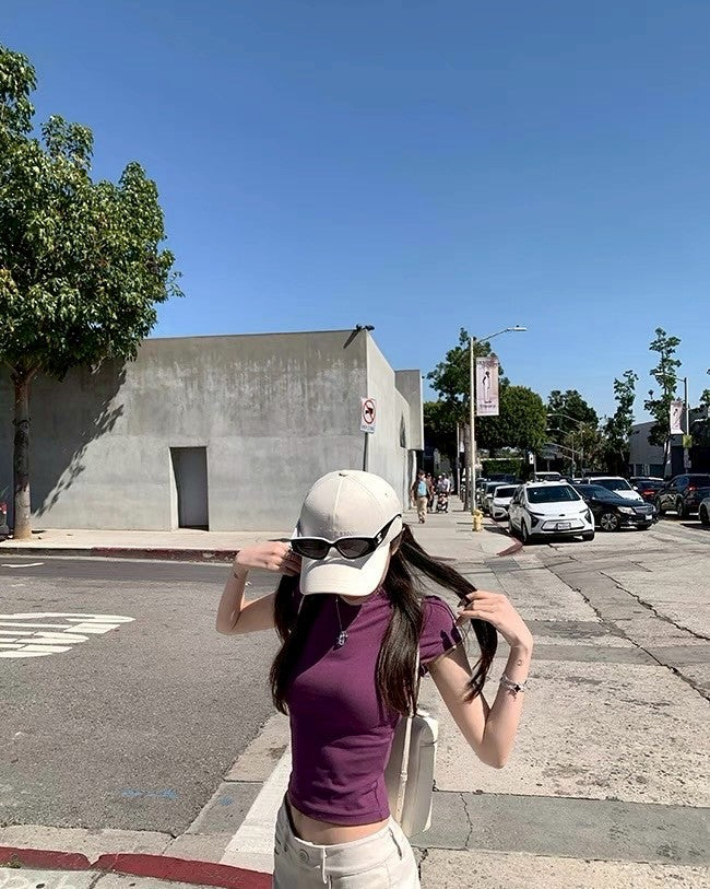 May. 美式百搭 經典正肩修身圓領純色上衣 紫/深藍