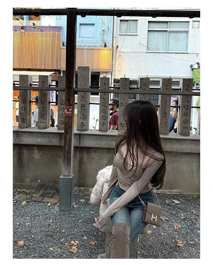 25Nov. 私有浪漫純慾假兩件綁帶掛脖上衣 黑/奶茶色