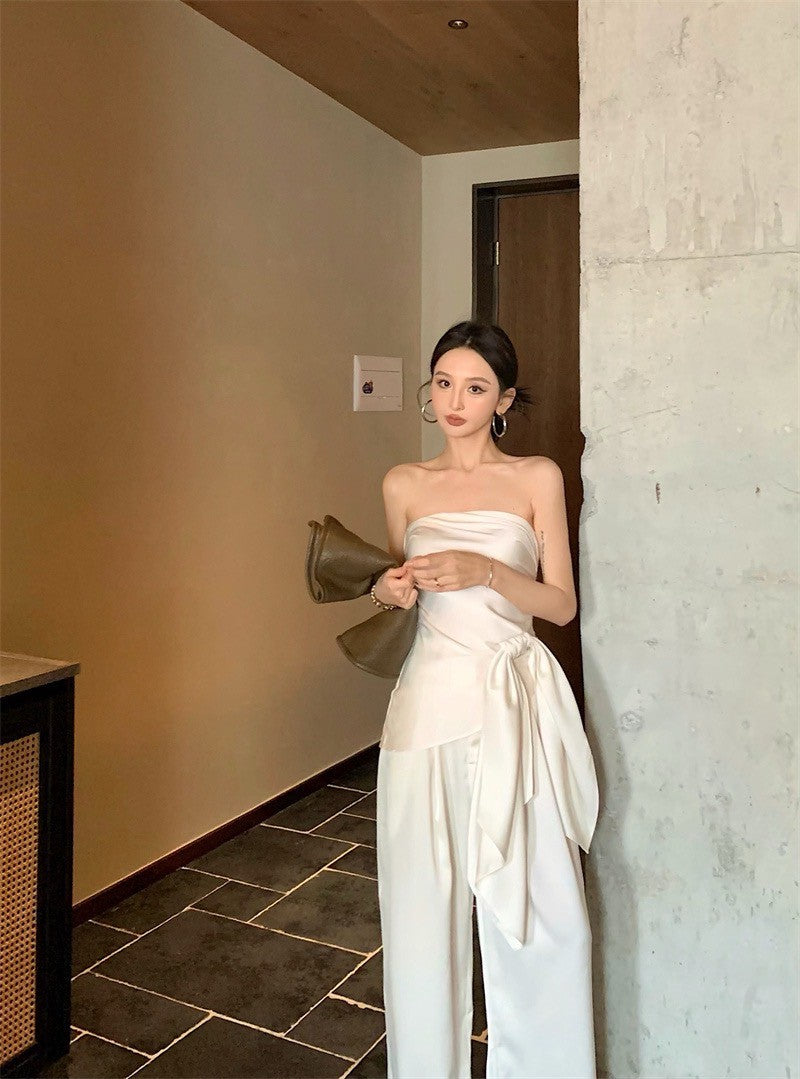 May. 米蘭假期 優雅可拆絲帶抹胸 休閒闊腿褲 白