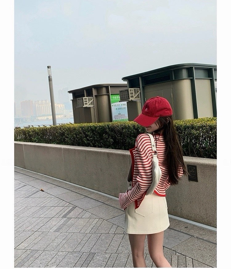 25Nov. 春日小記 復古紅白條紋針織圓領開衫