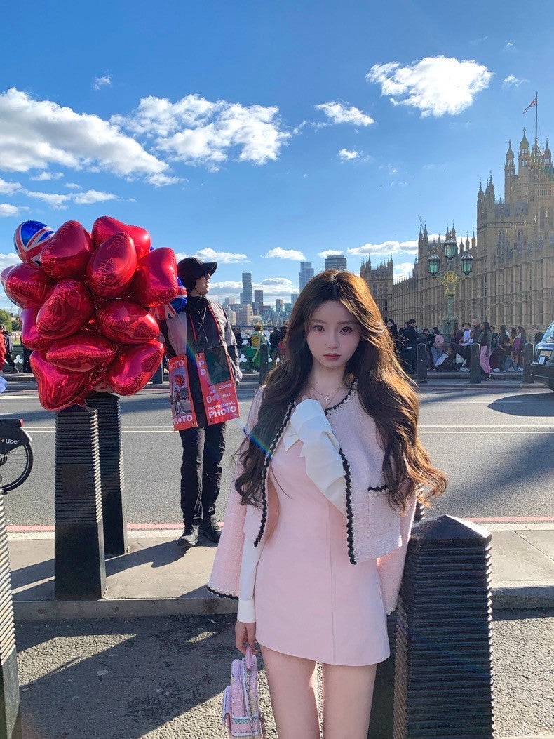 Nov. 倫敦舊夢 復古撞色拼接斜肩襯衫領連身裙 桃櫻粉