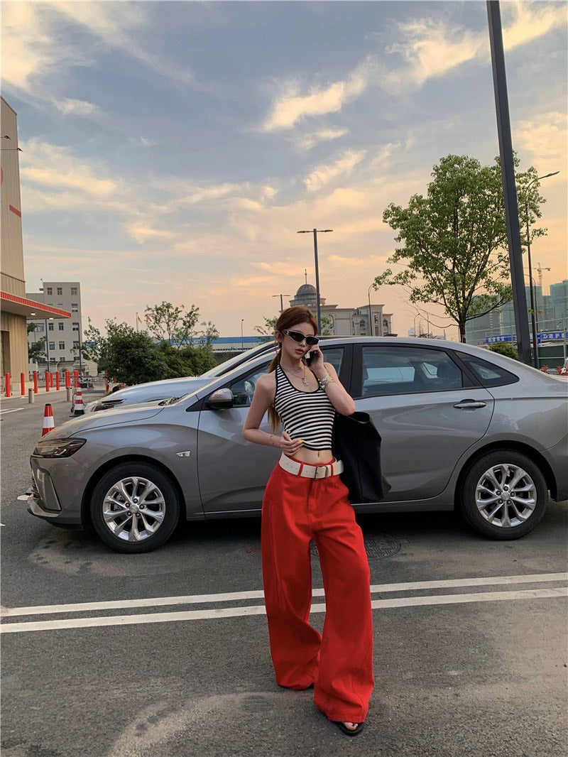 Jun. 經典炸街step高彩度紅色闊腿休閒褲 百搭條紋掛脖背心