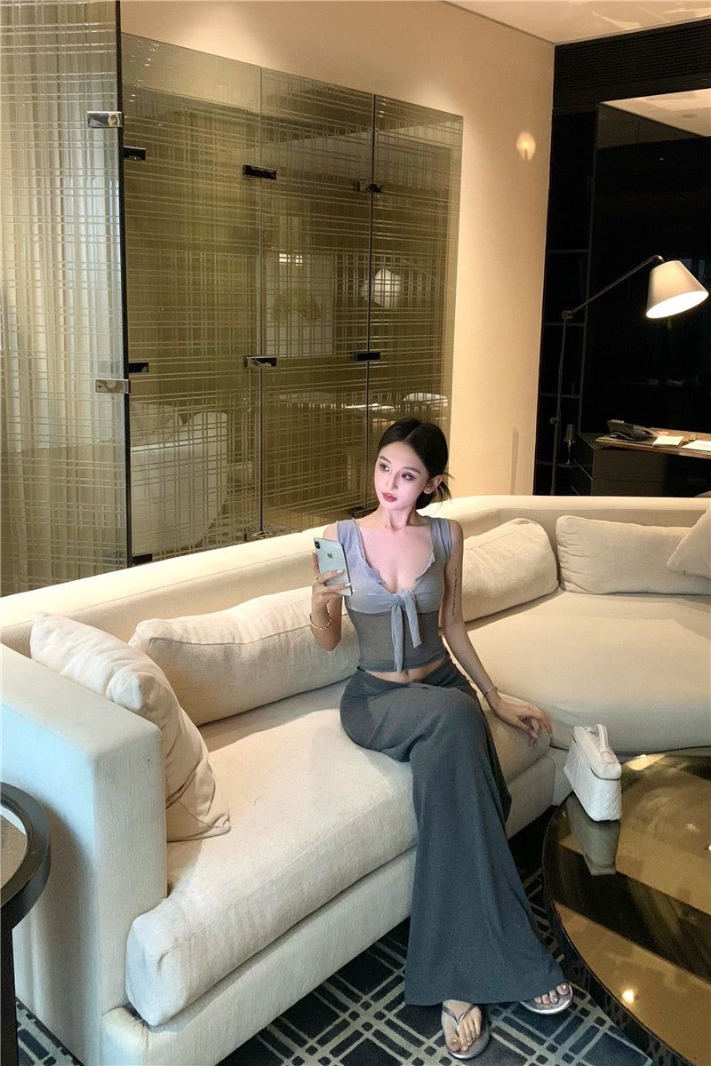 May. 性感毛邊透紗拼接背心 低腰彈力半身裙 灰