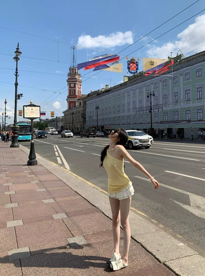 25Aug. 拉夫vintage勞倫單肩針織上衣 白/黃