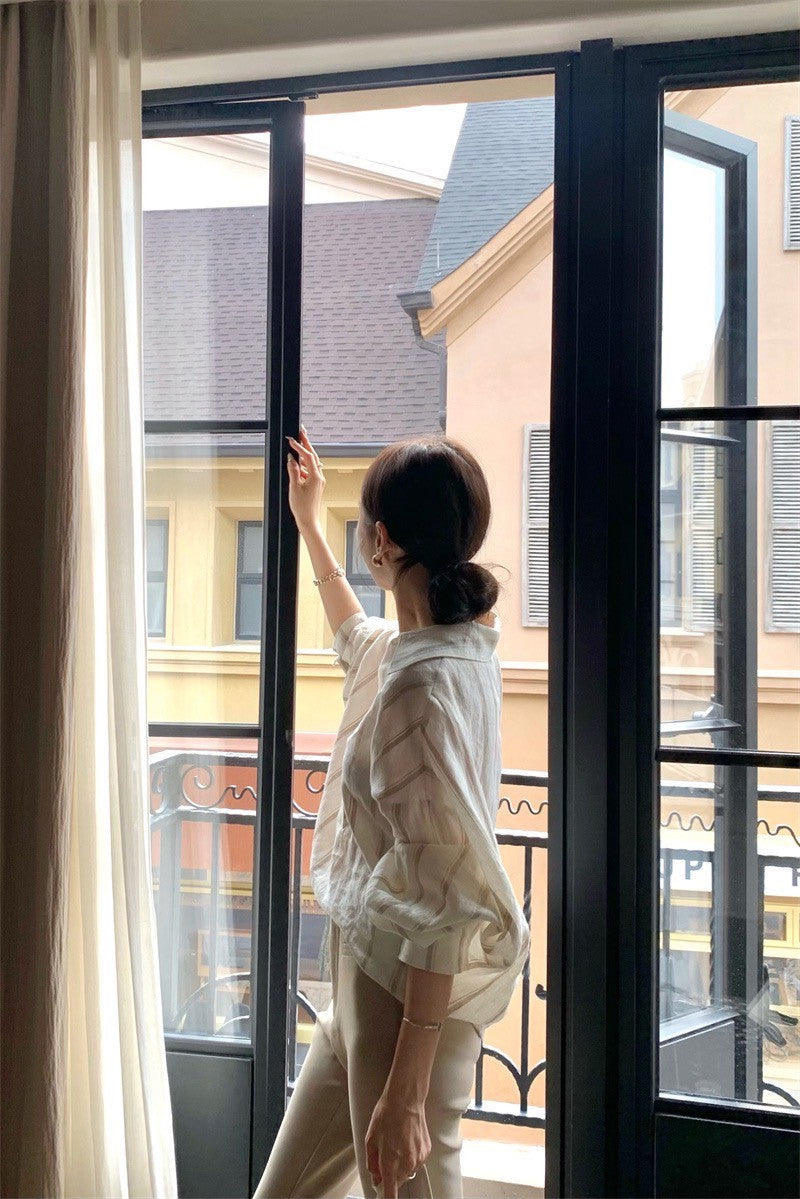 25Jul. 韓chic慵懶條紋襯衫 高腰喇叭褲