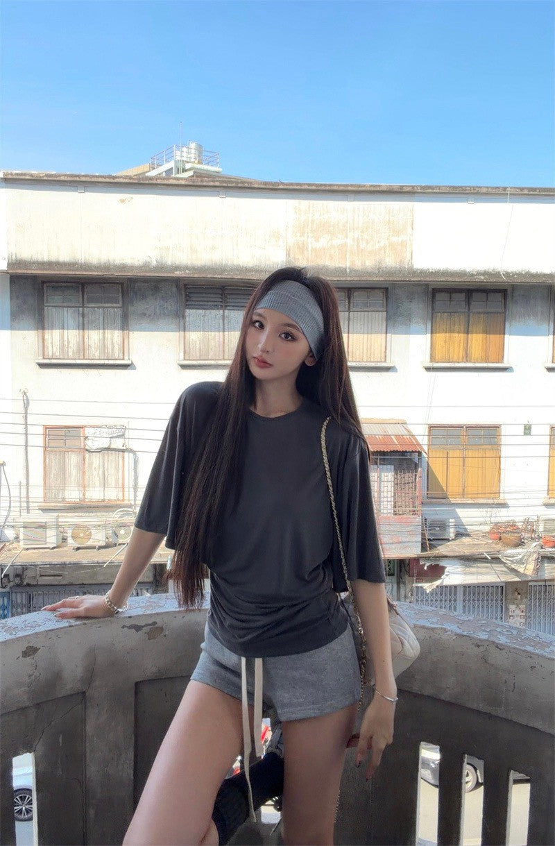 26Apr. 慵懶個性女!寬鬆五分袖上衣 抽繩灰色短褲