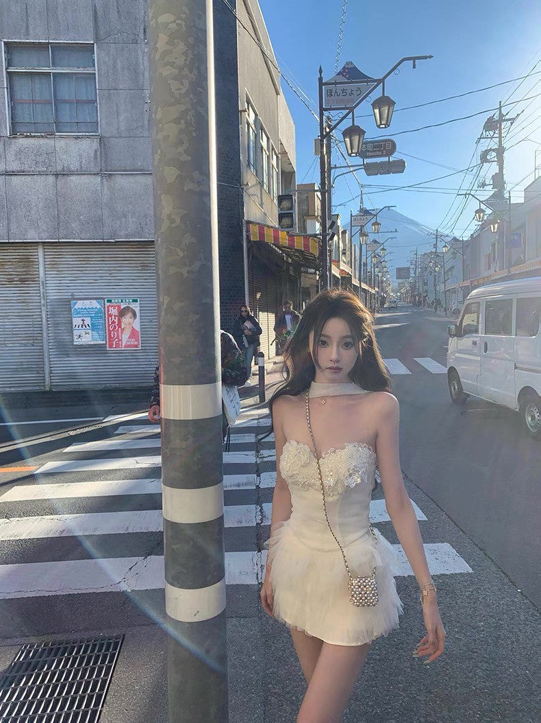 Jun. 玫瑰廢墟 氣質優雅手工花網紗蛋糕裙套裝 粉/白