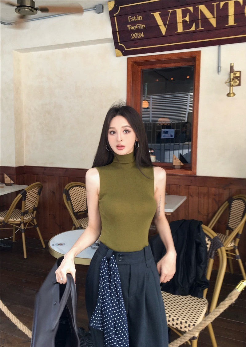 Dec. 氣質女星高領針織背心 芥末綠 高腰壓折修身西裝褲