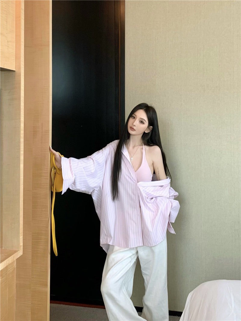 Jun. 粉嫩淡顏 寬鬆通勤條紋襯衫 100萦麻休閒褲