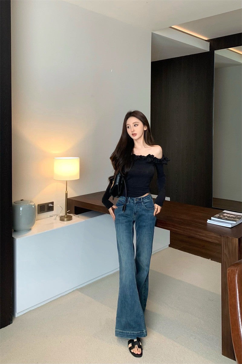 May. 花瓣少女 顯瘦一字領花邊修身上衣 黑色