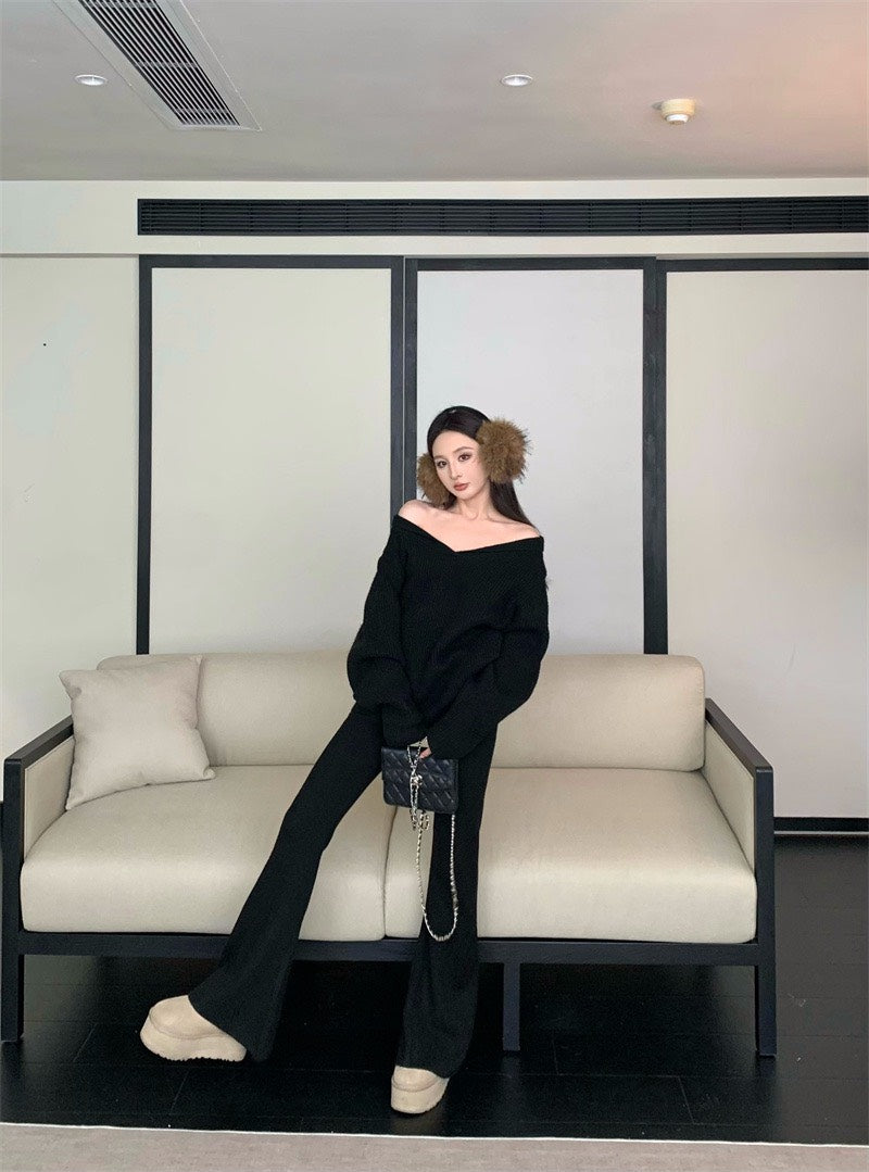 25Nov. 慵懶配套V小翻領針織休閒褲套裝 白/黑