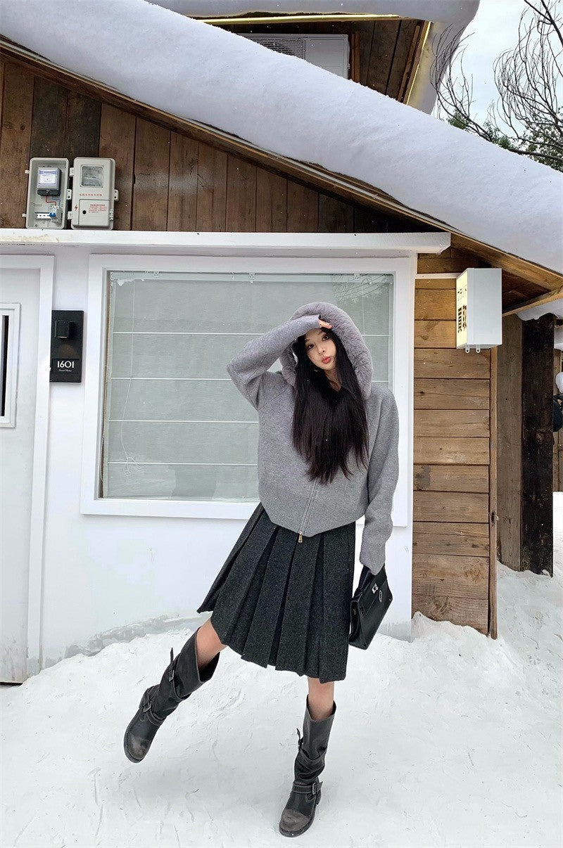 25Dec. 可拆卸奶油針織毛帽外套 杏/灰