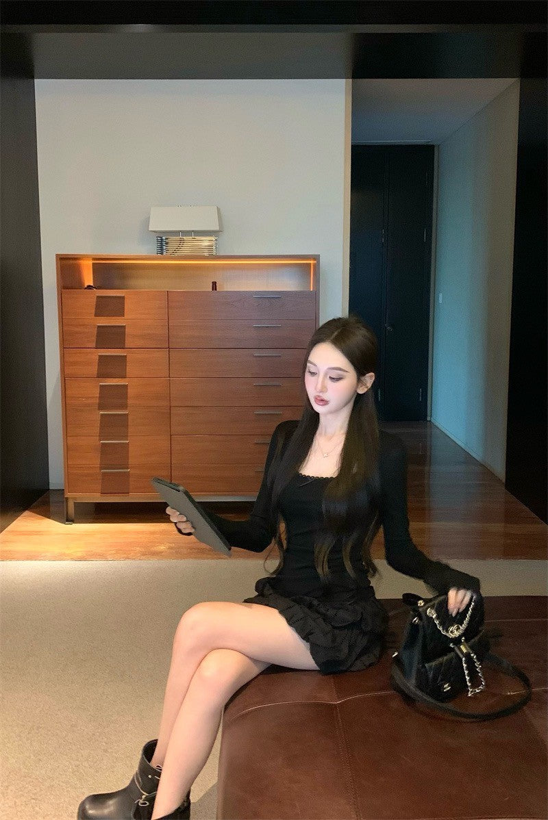 Jun. 奶椰泡泡 薄款芭蕾風打底上衣 花苞半身裙 黑