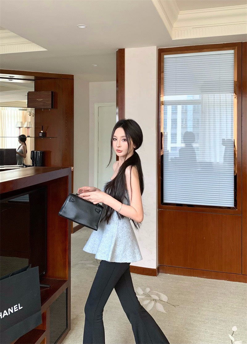 25Nov. 曲線奧斯氣質針織花瓣抹胸 灰