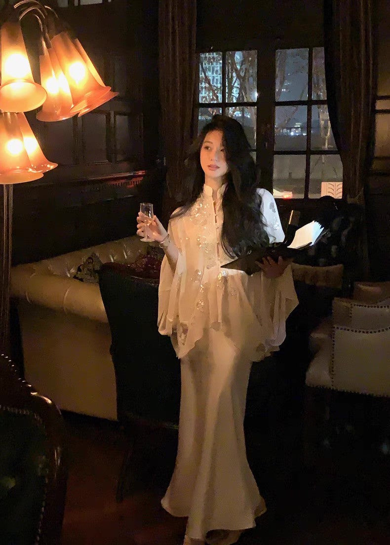 Apr. 南洋貴婦 重工新中式繡珠片斗篷半身裙套裝 3版設計