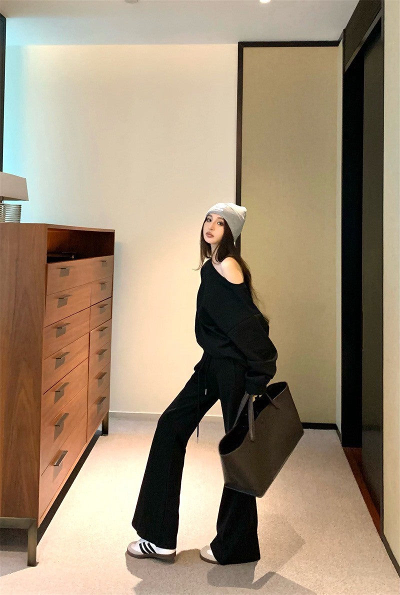 25Jul. 美式時髦穿 休閒純色上衣喇叭褲套裝 黑