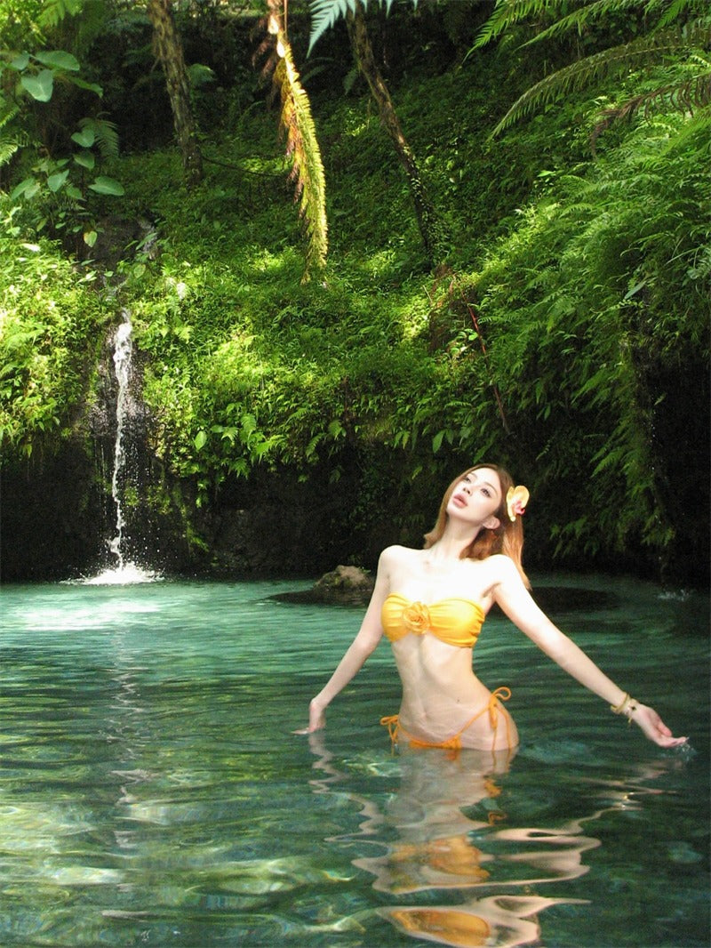 25Oct. 泰蘭德度假 多穿縷空針織連身裙/花朵比基尼套裝 黃