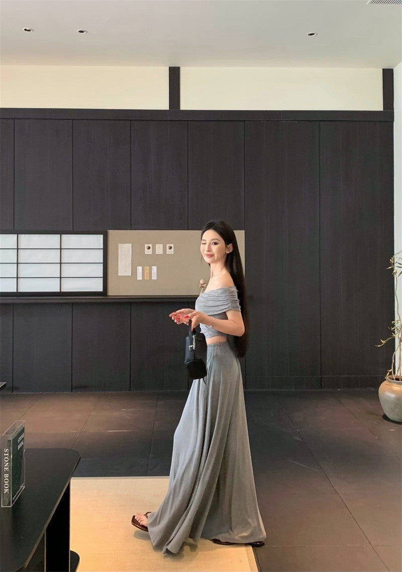 25Sep. 中古氣質交叉設計上衣棉料半身裙套裝 灰