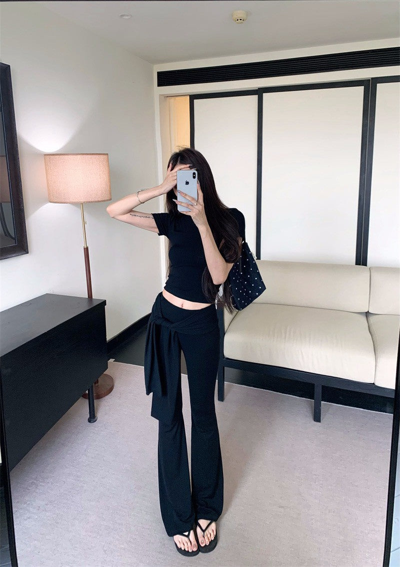 26Jun. 美式緊身圓領綁帶休閒褲套裝 灰/黑