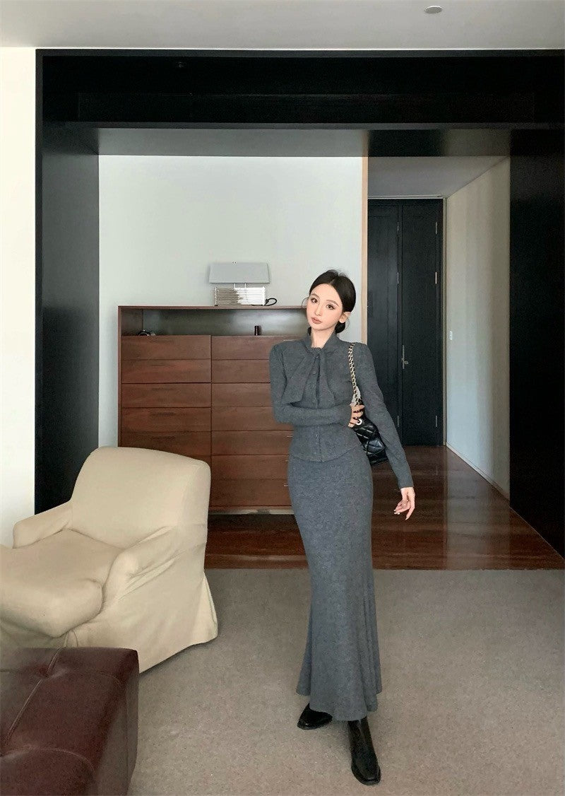 Feb. 氣質雅模 赫本領排扣針織外套半身裙套裝 灰