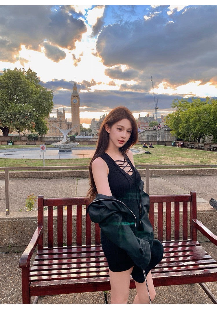 25Oct. 預設性感 綁帶純慾修身針織裙 黃/黑