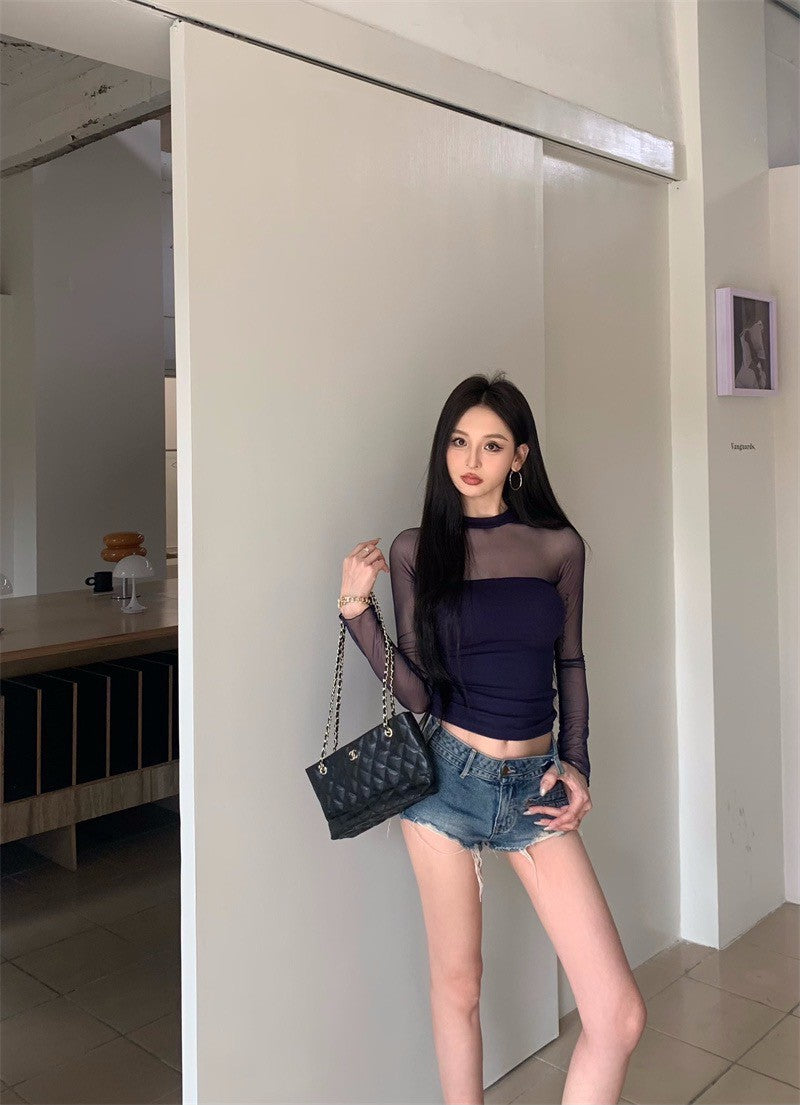 Jun. 辣妹網紗拼接透視緊身上衣 粉/藍