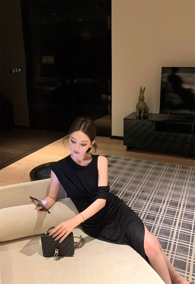 25Jul. 濟州女孩 簡約假兩件式上衣半身裙套裝 黑