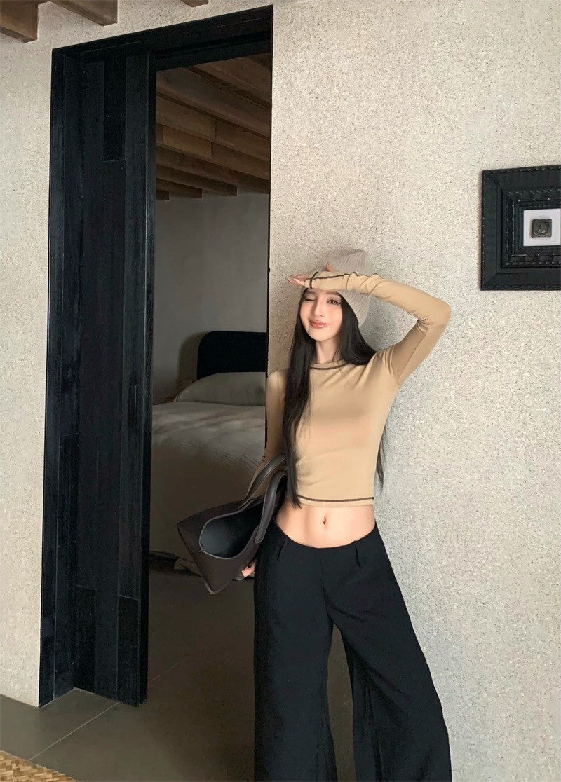 Jan. 休閒高圓領彈力明線設計感上衣 咖