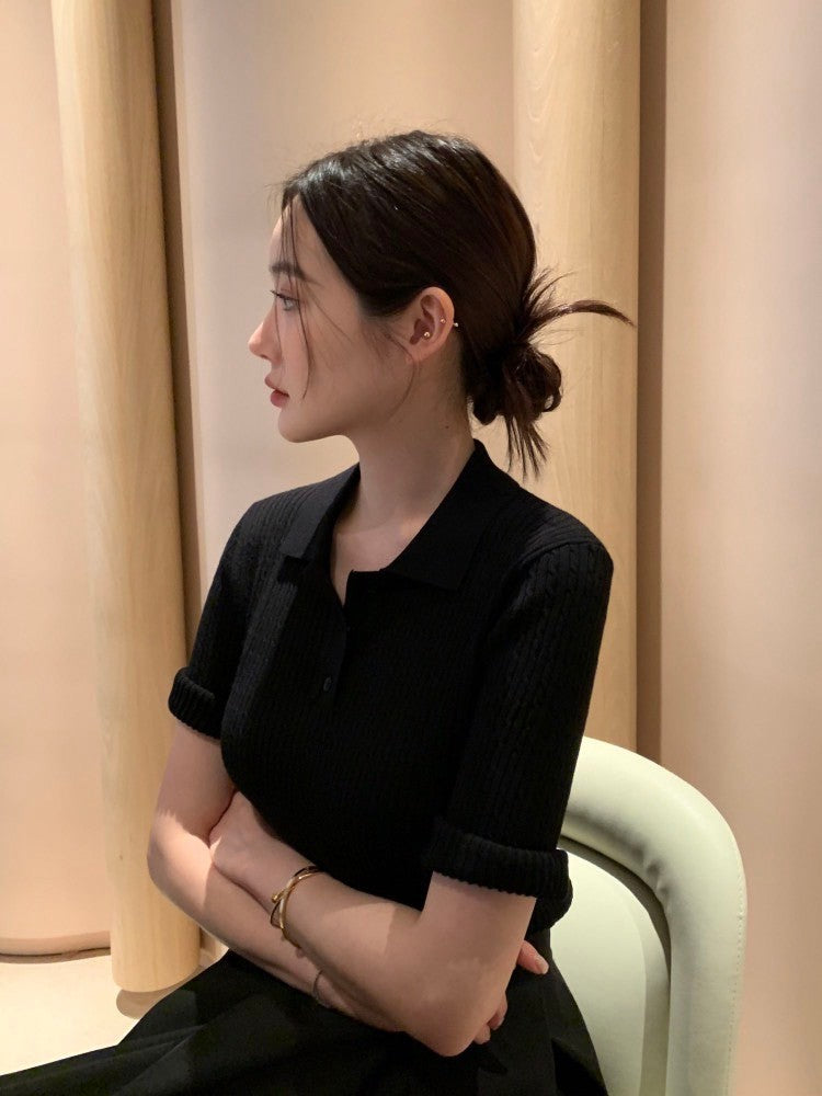 Oct. 老錢經典細麻花紋針織polo領上衣 黑