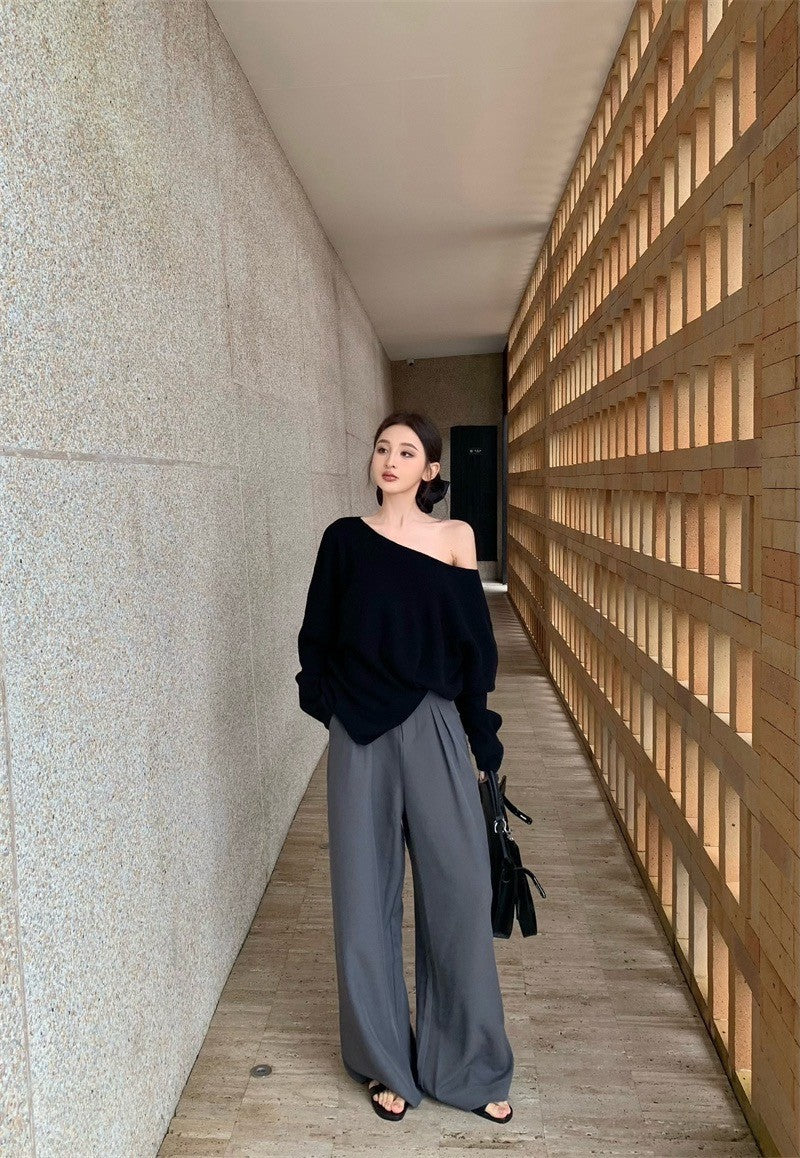 Oct. 隨性出門 慵懶斜肩黑色毛衣 百搭闊腿褲 灰色