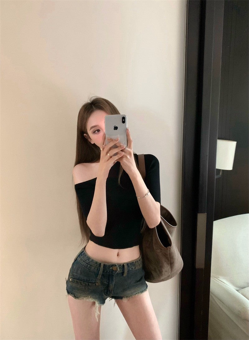 Sep. 休閒百搭 針織螺紋斜肩彈力上衣 黑 顯瘦低腰牛仔短褲