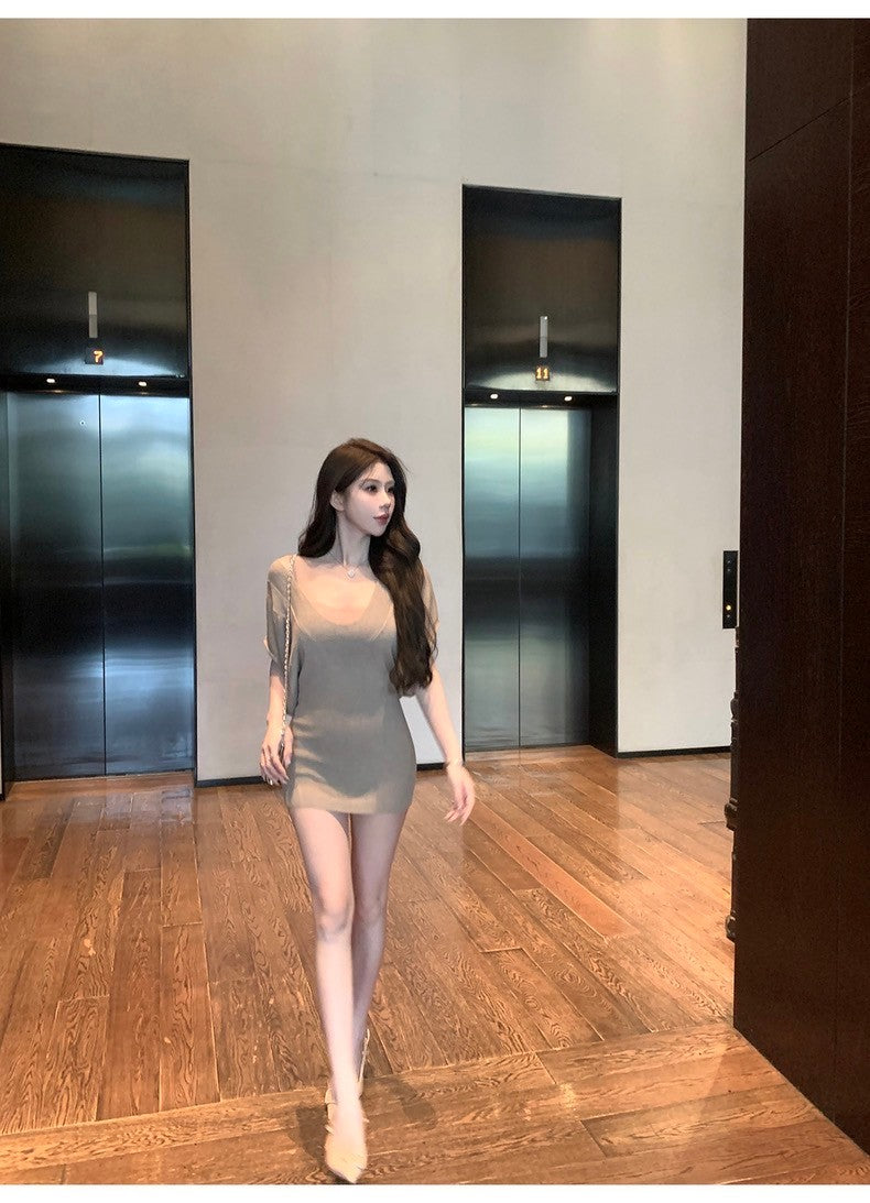 Mar. 奶欲甜心 氣質收腰蝙蝠袖斜肩針織上衣 顯瘦背心 卡杏