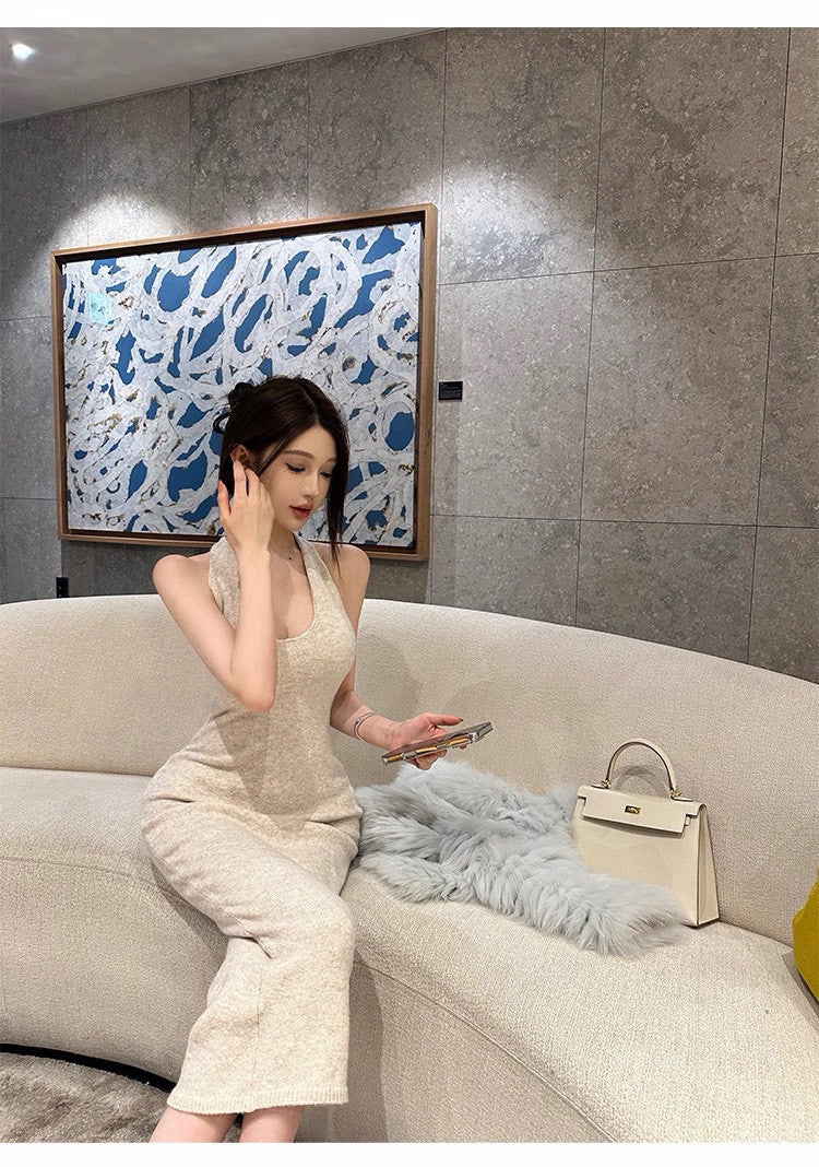 25Dec. 比列佛嬌女U領綿羊混毛修身連身裙 米