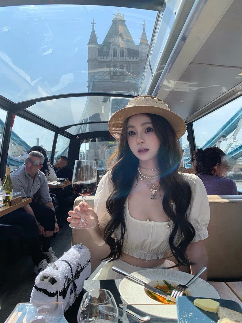 Jun. 夏日綿綿冰 浪漫甜美U領泡泡上衣半裙套裝 白